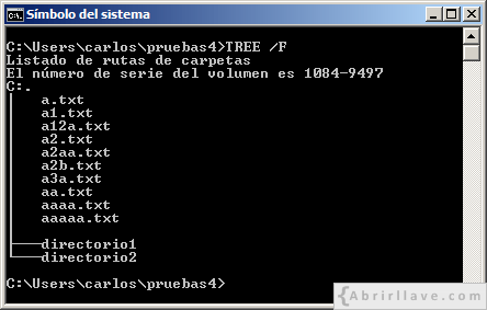 Ventana del Símbolo del sistema en Windows donde se muestra una estructura de archivos y directorios para practicar con varios comodines interrogación al hacer un DIR - Ejemplo del tutorial de CMD de {Abrirllave.com