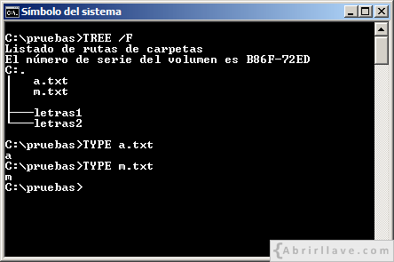 Ventana del Símbolo del sistema mostrando una estructura de directorios y archivos para, posteriormente, mostrar ejemplos de uso del comando COPY - Ejemplo del tutorial de CMD de {Abrirllave.com