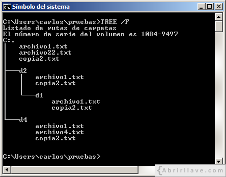 Ventana del Símbolo del sistema en Windows donde se muestra una estructura de archivos y directorios para practicar a eliminar archivos - Ejemplo del tutorial de CMD de {Abrirllave.com