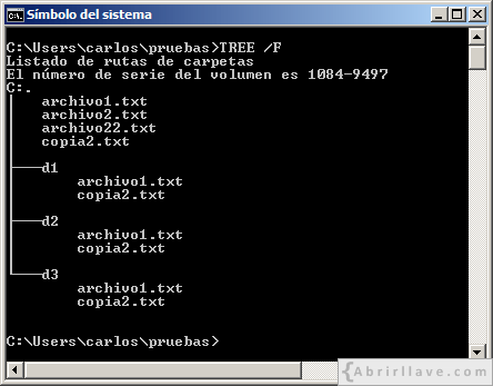 Ventana del Símbolo del sistema en Windows donde se muestra una estructura de archivos y directorios para practicar a cambiar nombre de archivos y directorios - Ejemplo del tutorial de CMD de {Abrirllave.com
