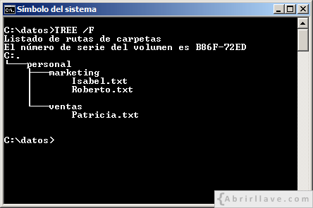 Ventana del Símbolo del sistema mostrando una estructura de directorios y archivos para, después, mostrar ejemplos de uso del comando REN - Ejemplo del tutorial de CMD de {Abrirllave.com