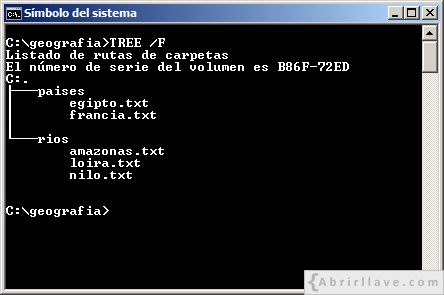 Ventana del Símbolo del sistema mostrando una estructura de directorios y archivos para, después, mostrar ejemplos de uso del comando RENAME - Ejemplo del tutorial de CMD de {Abrirllave.com