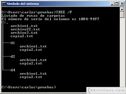 Ventana del Símbolo del sistema en Windows donde se muestra una estructura de archivos y directorios para practicar a mover archivos y directorios de ubicación - Ejemplo del tutorial de CMD de {Abrirllave.com