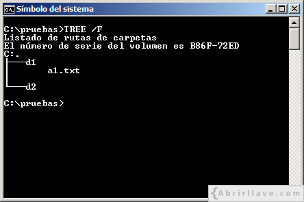 Ventana del Símbolo del sistema mostrando una estructura de directorios y archivos para, posteriormente, mostrar ejemplos de uso del comando MOVE - Ejemplo del tutorial de CMD de {Abrirllave.com