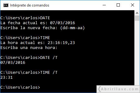 Uso de DATE y TIME en la consola de Windows - Ejemplo del tutorial de CMD de {Abrirllave.com