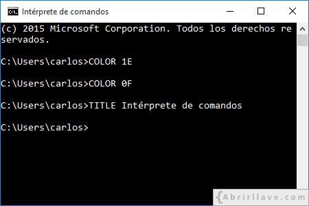 Uso de la orden TITLE intérprete de comandos, en la consola de Windows - Ejemplo del tutorial de CMD de {Abrirllave.com