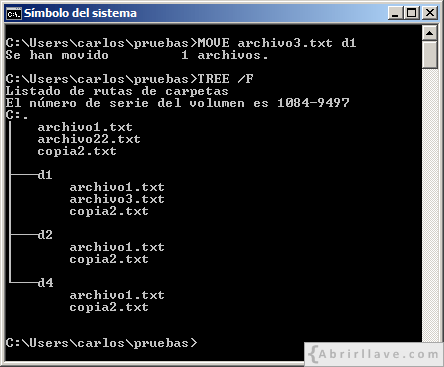 Ventana del Símbolo del sistema en Windows donde se muestra cómo se puede mover un archivo a un directorio usando el comando MOVE - Ejemplo del tutorial de CMD de {Abrirllave.com