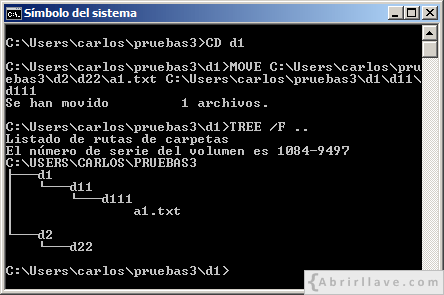 Ventana del Símbolo del sistema en Windows donde se muestra cómo mover un archivo utilizando rutas absolutas - Ejemplo del tutorial de CMD de {Abrirllave.com