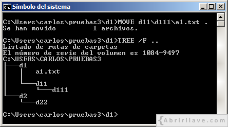 Ventana del Símbolo del sistema en Windows donde se muestra cómo mover un archivo utilizando rutas relativas - Ejemplo del tutorial de CMD de {Abrirllave.com