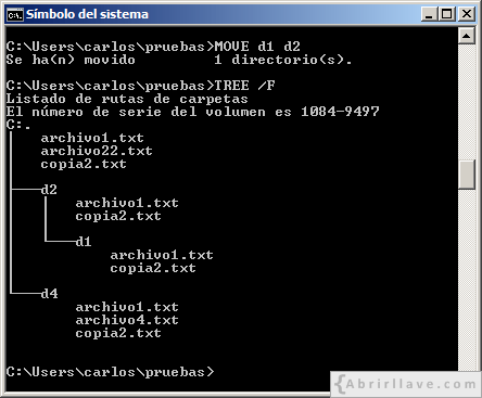Ventana del Símbolo del sistema en Windows donde se muestra cómo se puede mover directorio dentro de otro directorio usando el comando MOVE - Ejemplo del tutorial de CMD de {Abrirllave.com