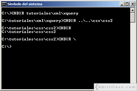 Ejemplo de uso del comando CHDIR, en el tutorial de CMD de {Abrirllave.com