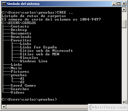 Ventana del Símbolo del sistema en Windows donde se muestra cómo visualizar la estructura de directorios del directorio padre del actual con el comando TREE - Ejemplo del tutorial de CMD de {Abrirllave.com
