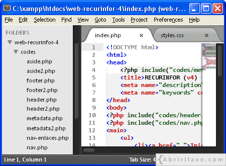Caputura de pantalla de Sublime Text mostrando los archivos PHP de la carpeta codes del RECURINFOR v4
