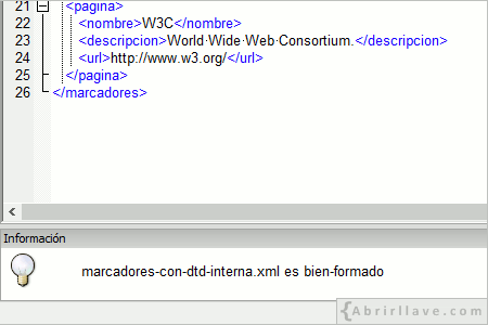 Visualización en pantalla de la comprobación de un documento XML asociado a una DTD bien formado con XML Copy Editor.