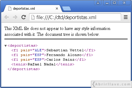 Visualización del archivo deportitas.xml con un atributo de tipo enumerado.