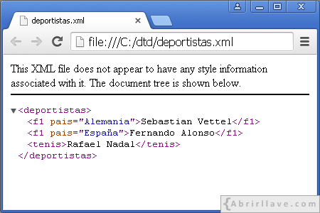 Visualización del archivo deportitas.xml en Google Chrome - Ejemplo del tutorial de DTD de {Abrirllave.com