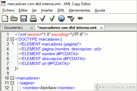 Visualización en pantalla de la edición de un documento XML con XML Copy Editor.
