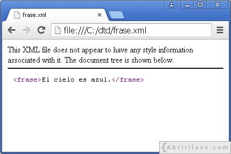 Visualización del archivo frase.xml en Google Chrome - Ejemplo del tutorial de DTD de {Abrirllave.com