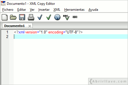 Visualización en pantalla del programa XML Copy Editor al ejecutarlo por primera vez.