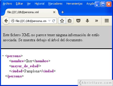 Visualización del archivo persona.xml en Mozilla Firefox - Ejemplo del tutorial de DTD de {Abrirllave.com