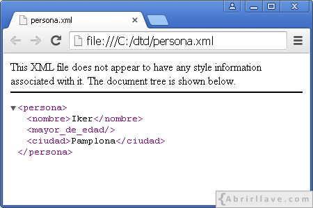 Visualización del archivo persona.xml en Google Chrome - Ejemplo del tutorial de DTD de {Abrirllave.com