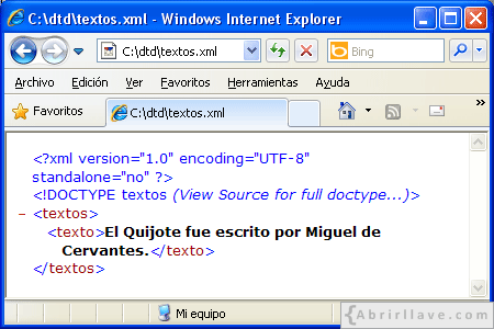 Visualización del archivo textos.xml en Internet Explorer 8 - Ejemplo del tutorial de DTD de {Abrirllave.com