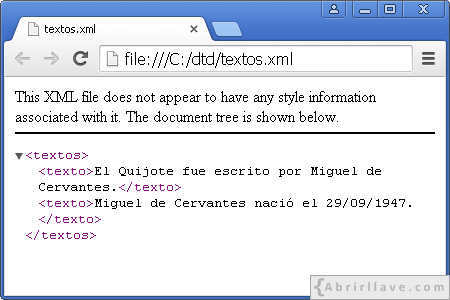 Visualización del archivo textos.xml en Google Chrome - Ejemplo del tutorial de DTD de {Abrirllave.com