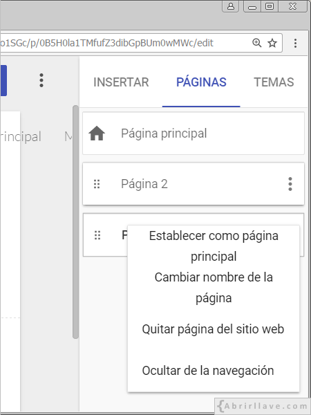 Acciones sobre una página en Google Sites.