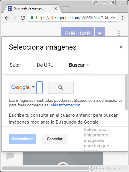 Buscar imágenes para insertar en Google Sites.