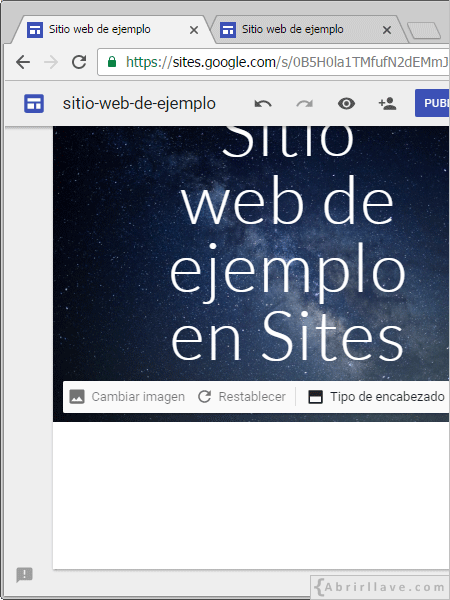 Configurar imagen principal y encabezado en Google Sites.