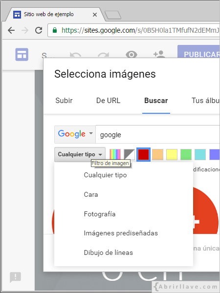 Ejemplo de búsqueda de imágenes en Google Sites.