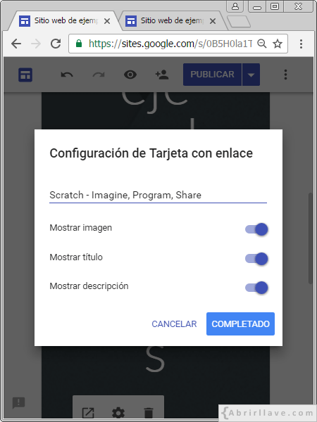 Ejemplo de configuración de tarjeta con enlace de Scratch insertada en Google Sites.