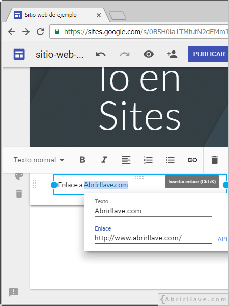 Ejemplo de enlace en un texto normal añdadido a una página web creada en Google Sites.