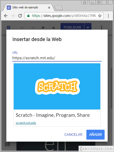 Ejemplo de insertar la URL de Scratch en Google Sites.