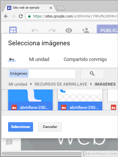 Ejemplo de seleccionar imágenes desde Google Drive para insertar en Google Sites.