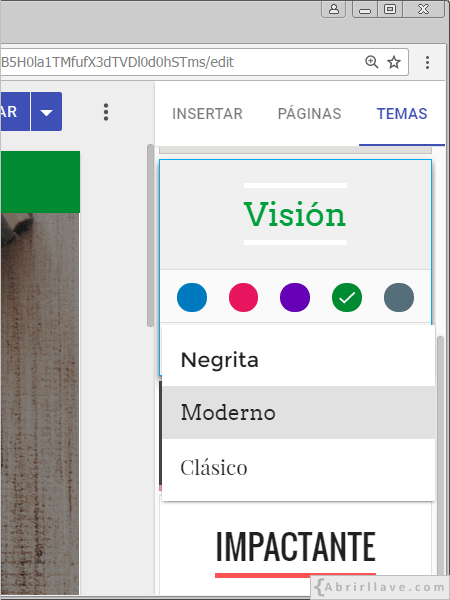 Ejemplo de tema estilo Visión Moderno en Google Sites.