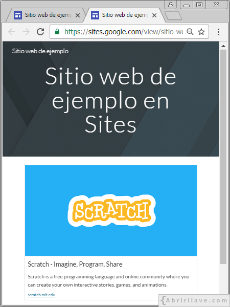 Ejemplo de URL de Scratch insertada en Google Sites.