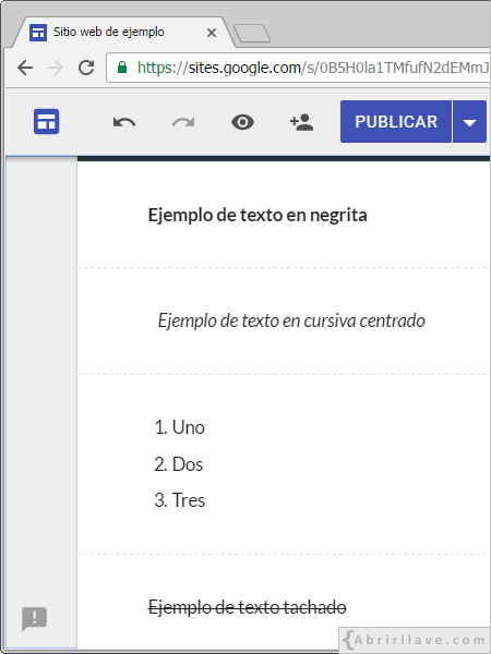 Ejemplos de formatos de texto normal en Google Sites.