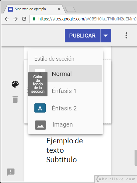 Estilos de fondo de la sección de un texto en Google Sites.