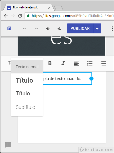 Estilos del texto en Google Sites.