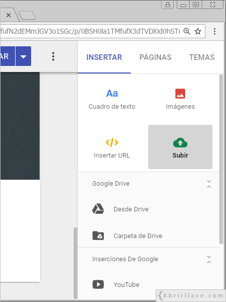 Insertar subir en Google Sites.