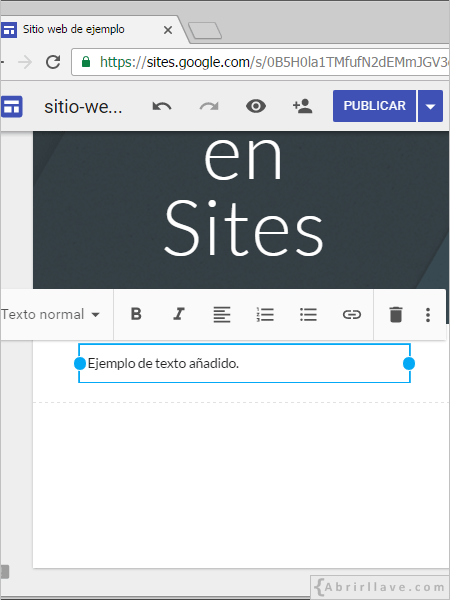 Insertar texto en una página web de Google Sites.