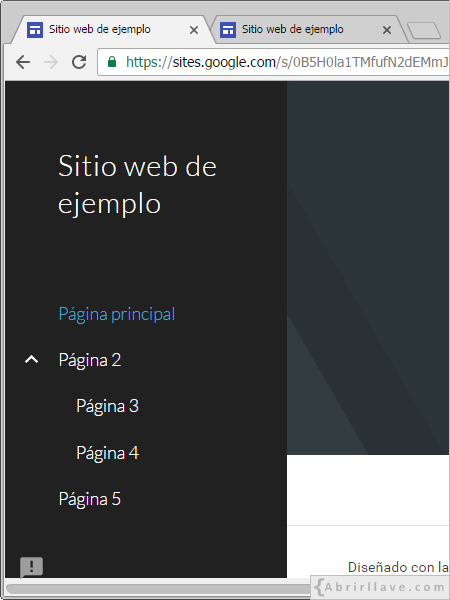 Navegación en el panel lateral en Google Sites.