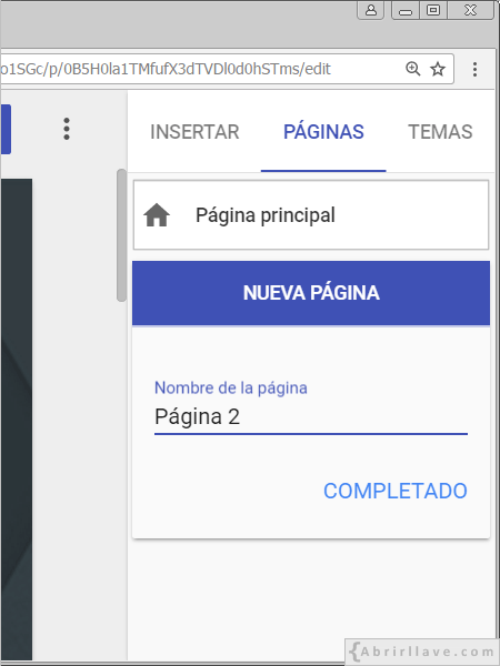 Nueva página en Google Sites.