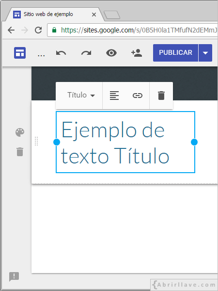 Opciones de edición de texto título y subtítulo en Google Sites.