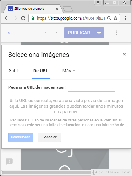 Pegar una URL de imagen en Google Sites.