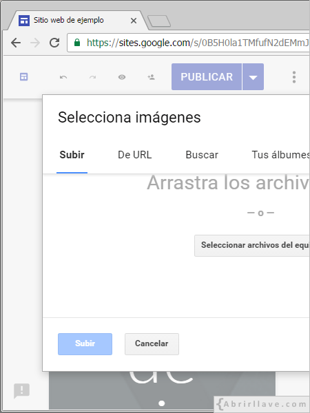 Seleccionar una imagen para insertar con Google Sites.