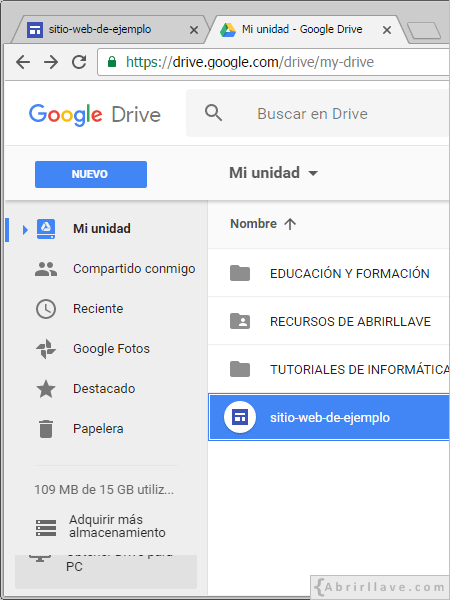Sitio web de ejemplo almacenado en Google Drive.