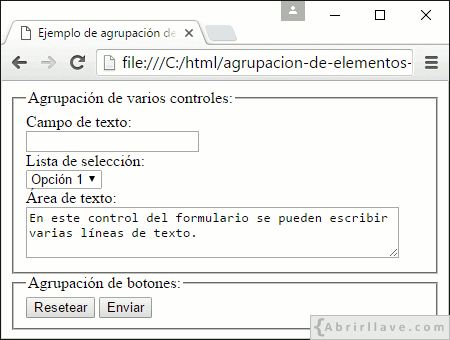 Visualización del archivo agrupacion-de-elementos-en-un-formulario.html en Google Chrome, donde se ha definido un formulario con dos elementos fieldset.