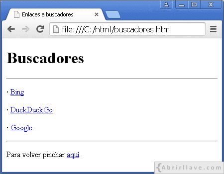 Visualización del archivo buscadores.html en Google Chrome, con enlaces a buscadores de internet.